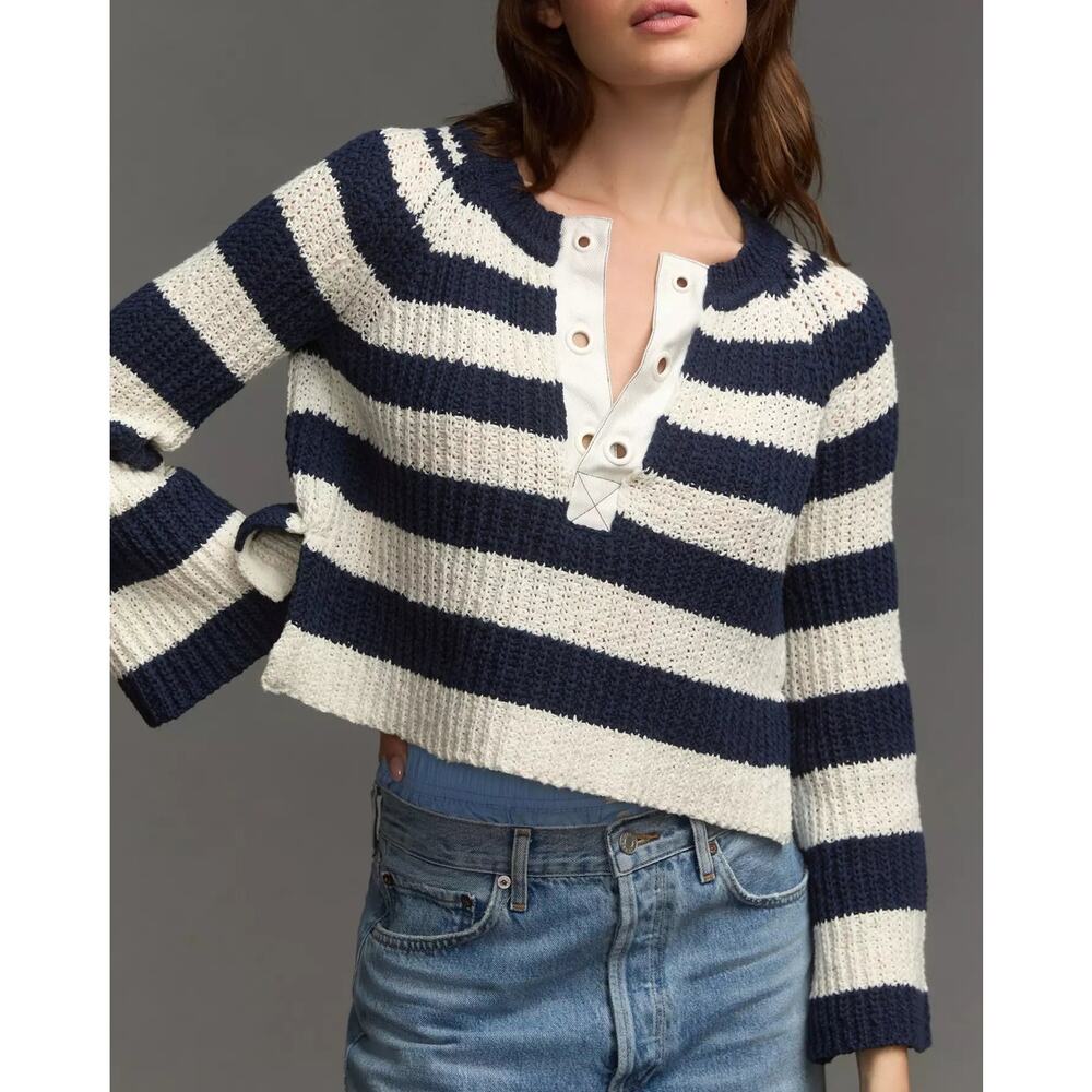 Anthropologie Pilcro Bell-Sleeve Henley Sweater Blue White Stripe Size Medium